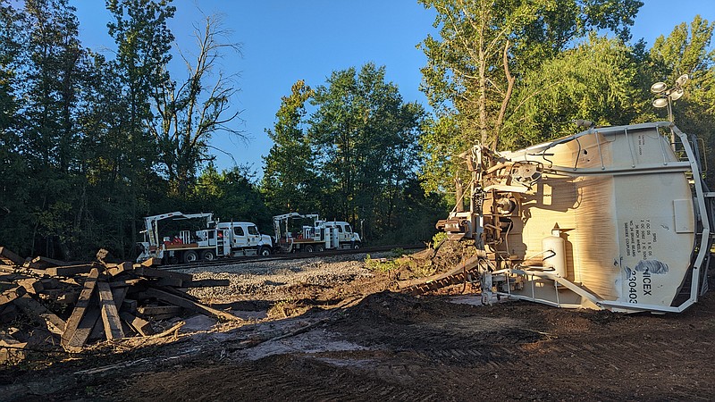 The aftermath of a train derailment in Stamps is seen on Tuesday morning. (Joshua Turner/Banner-News)