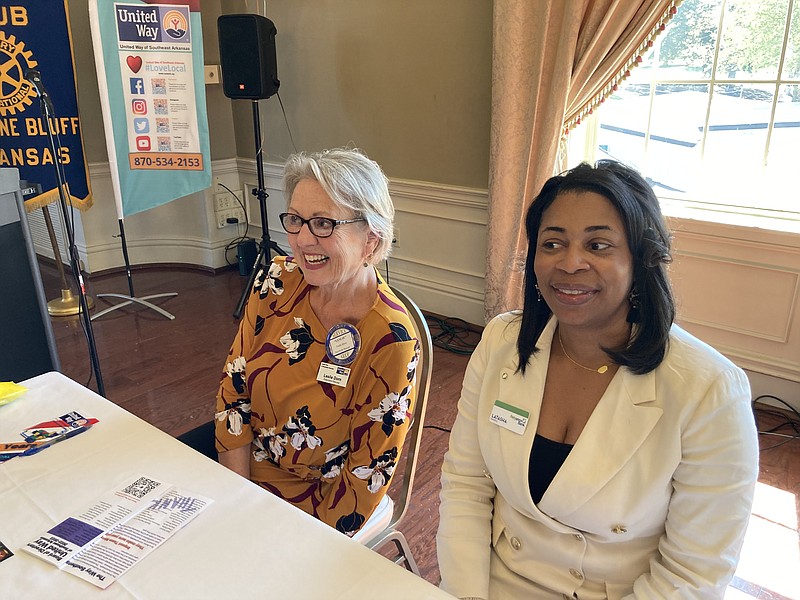 Leslie Dorn (left), executive director of United Way of Southeast Arkansas, poses for photographs with LaTasha Randle, chair of the 2022-2023 fundraising campaign, at the agency's kickoff on Thursday. (Pine Bluff Commercial/Byron Tate)