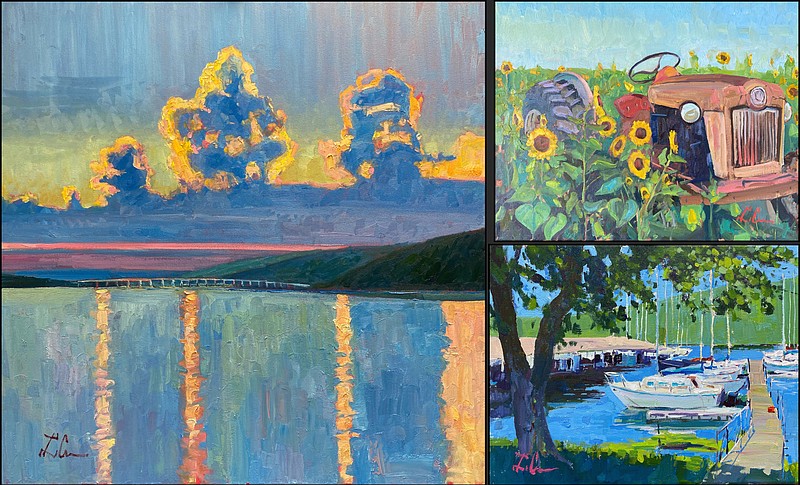 “Big Dam Bridge,” (clockwise from left) “Sunflowers and Tractor,” and “Marina at Maumelle” are among the paintings by Sean LeCrone, on display Friday-Oct. 31 at Art Group Gallery in Little Rock. (Special to the Democrat-Gazette)