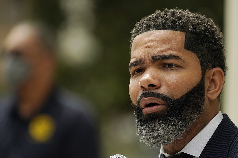 Jackson, Miss., Mayor Chokwe Antar Lumumba speaks at a Sept. 6, 2022, news conference at City Hall regarding updates on the ongoing water infrastructure issues. (AP Photo/Rogelio V. Solis)