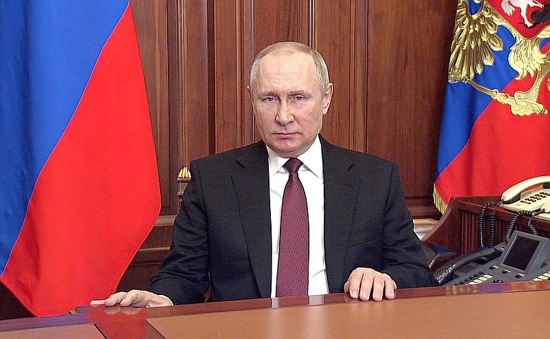 FILE - In this image made from video released by the Russian Presidential Press Service, Russian President Vladimir Putin addressees the nation in Moscow, Russia, on Feb. 24, 2022. (Russian Presidential Press Service via AP, File)