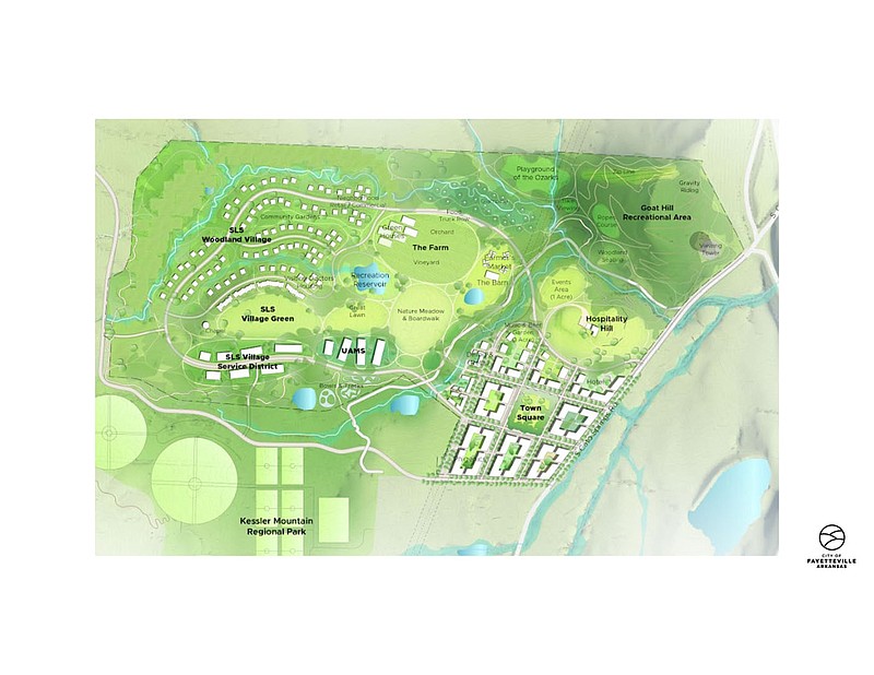 A drawing shows the conceptual plan for SLS Community within a 231-acre site, developed by Crafton Tull, Core Architects and OSD. The community's planned location is in South Fayetteville between Kessler Mountain Regional Park and Cato Springs Road. The community would provide housing, employment, recreation and services to neurodiverse adults. (Courtesy Photo/Fayetteville)