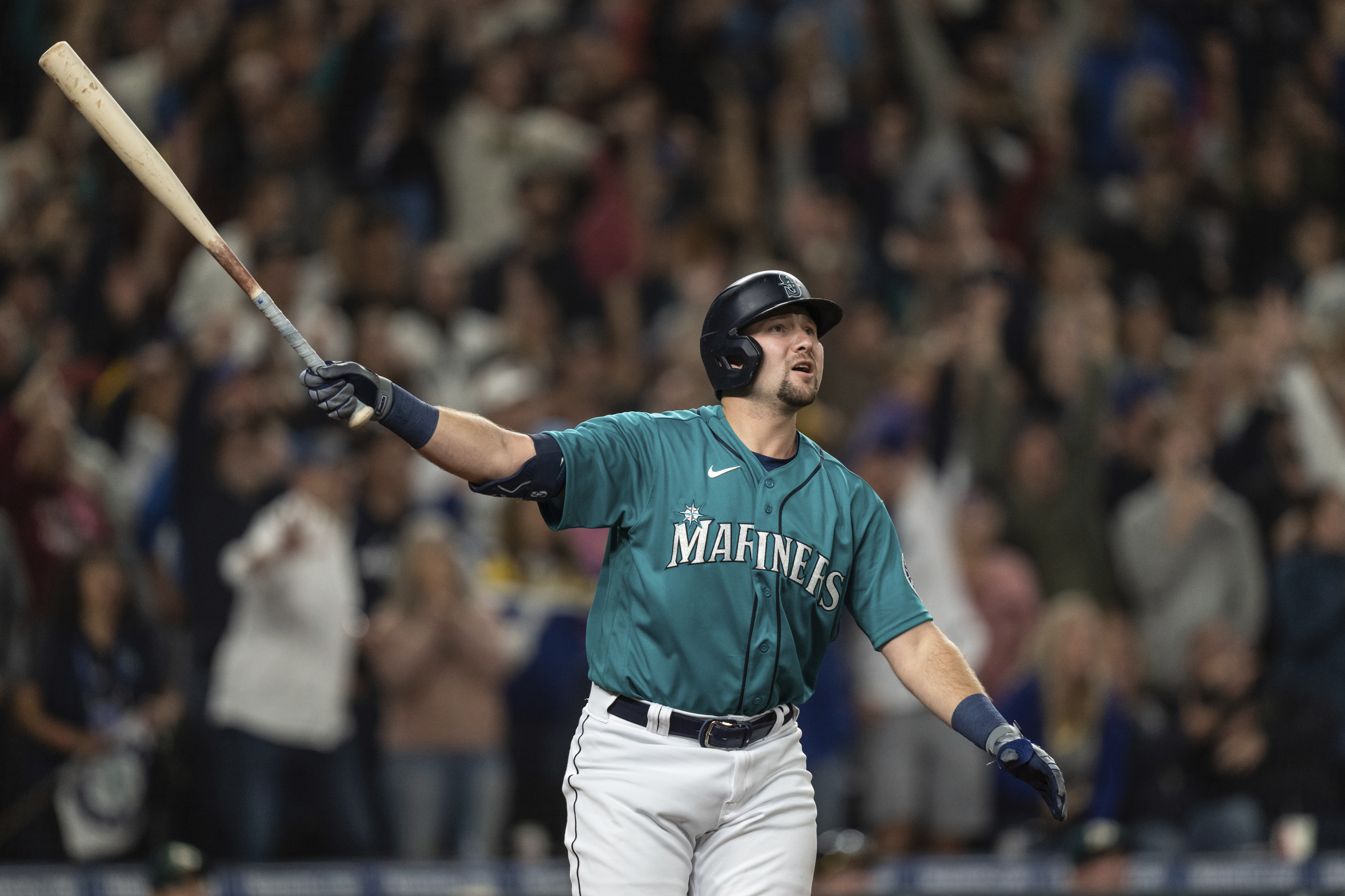 Seattle Mariners' Cal Raleigh bats during the first inning of a spring  training baseball game against the Texas Rangers, Sunday, March 19, 2023,  in Surprise, Ariz. (AP Photo/Abbie Parr Stock Photo - Alamy