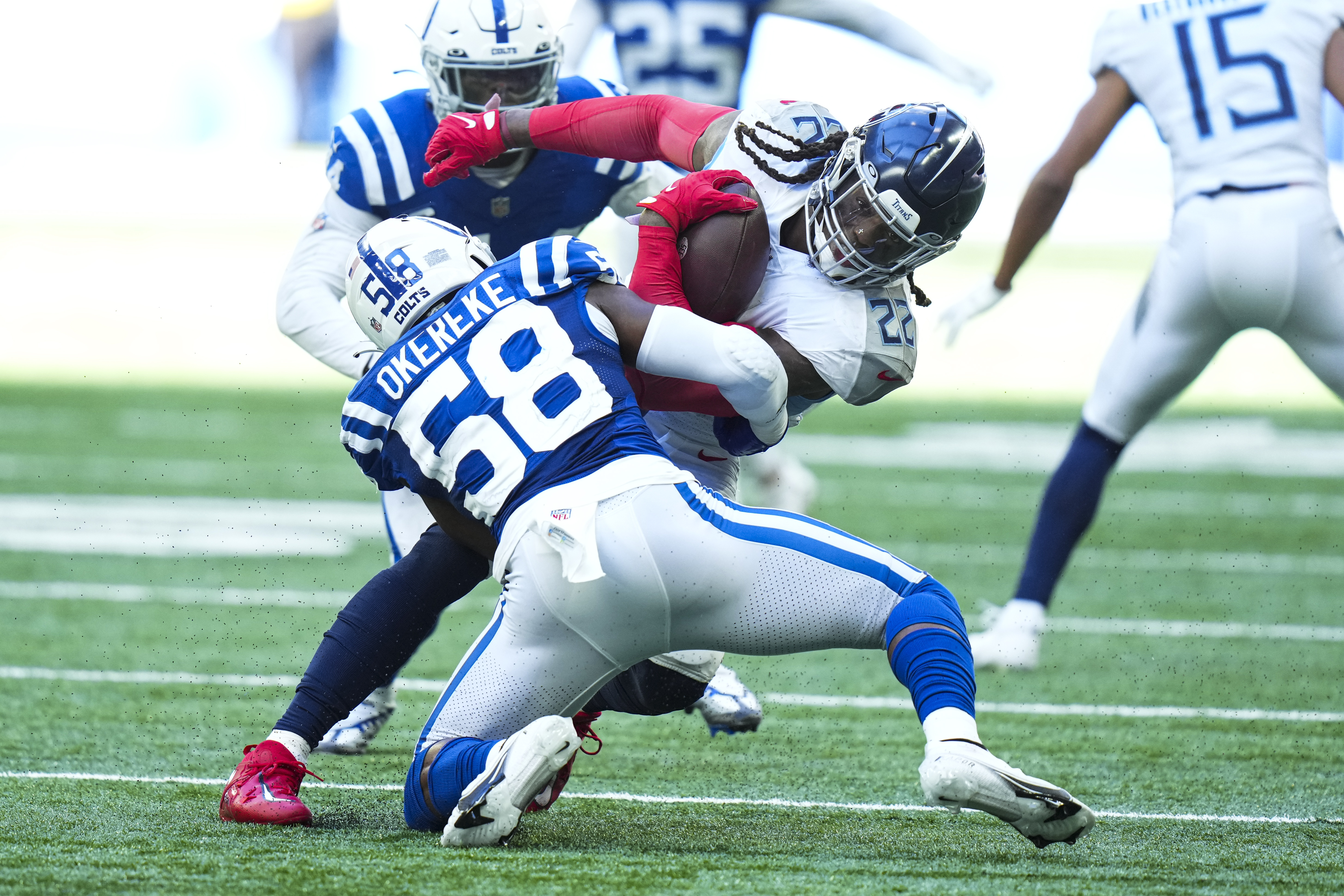 Tennessee Titans cornerback Tre Avery (30) take a break during their game  against the Indianapolis Colts Sunday, Oct. 23, 2022, in Nashville, Tenn.  (AP Photo/Wade Payne Stock Photo - Alamy