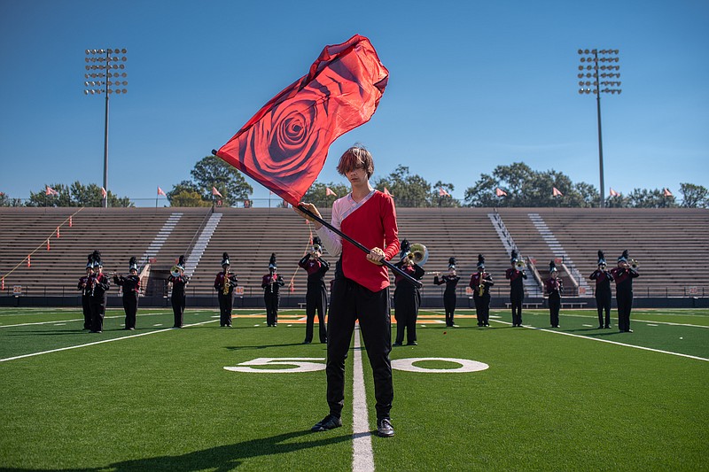 Color guard and band students from Prescott High School perform during the Four States Marching Contest on Saturday, Oct. 1, 2022, at Tiger Stadium at Grim Park in Texarkana, Texas. Approximately 4,000 students representing 20 different schools participated in the contest. (Staff photo by Erin DeBlanc)