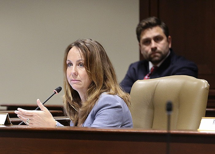 Sen. Missy Irvin, R-Mountin View, asks a question during the joint House and Senate education committee meeting on Tuesday, Oct. 4, 2022, at the state Capitol in Little Rock. 
(Arkansas Democrat-Gazette/Thomas Metthe)