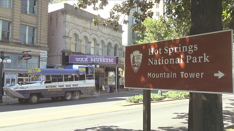 A duck boat is shown near the Josephine Tussaud Wax Museum Tuesday. Visit Hot Springs released its annual tourism and economic impact report Tuesday, which showed a 2.4% increase in the local economy in 2021 over pre-pandemic numbers. - Photo by Andrew Mobley of The Sentinel-Record