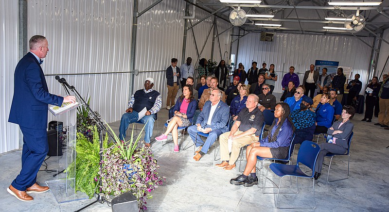 Julie Smith/News Tribune
Lincoln University President John Moseley addresses guests to Carver Farm Wednesday during a ribbon-cutting ceremony at the Bald Hill Road research farm.