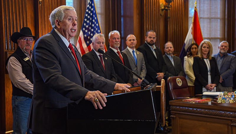 Julie Smith/News Tribune photo: 
Before signing the just-passed farm bill into law Wednesday, Oct. 5, 2022, Missouri Gov. Mike Parson talked about the importance of the legislation and how he expects it to help farmers around the state. Parson held a bill signing ceremony in his state Capitol office.