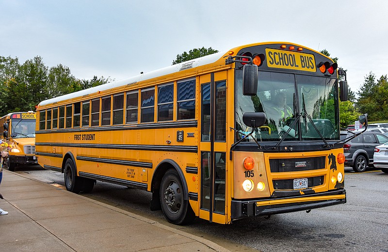 In this October 2021 News Tribune file photo, a First Student school bus sits in a parking lot in Jefferson City.