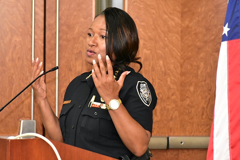 Pine Bluff Police Chief Denise Richardson addresses attendees at the Pine Bluff Regional Chamber of Commerce's Lunch & Learn on Thursday at the Donald W. Reynolds Community Services Center. (Pine Bluff Commercial/I.C. Murrell)
