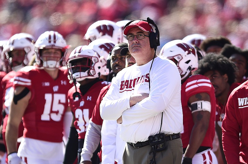 Wisconsin head coach Paul Chryst looks on during the first half of an NCAA college football game against Illinois, Saturday, Oct. 1, 2022, in Madison, Wis. (AP Photo/Kayla Wolf)