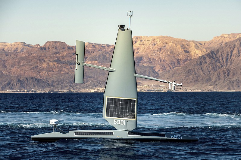 FILE - In this file photo released by the U.S. Navy, a Saildrone Explorer unmanned sea drone sails in the Gulf of Aqaba on Feb. 9, 2022. The U.S. Navy held a joint drone drill with the United Kingdom on Friday, Oct. 7, 2022, in the Persian Gulf, testing the same unmanned surveillance ships called Saildrone Explorers that Iran twice has seized in recent months in the Middle East. (Mass Communication Specialist 2nd Class Dawson Roth/U.S. Navy via AP, File)