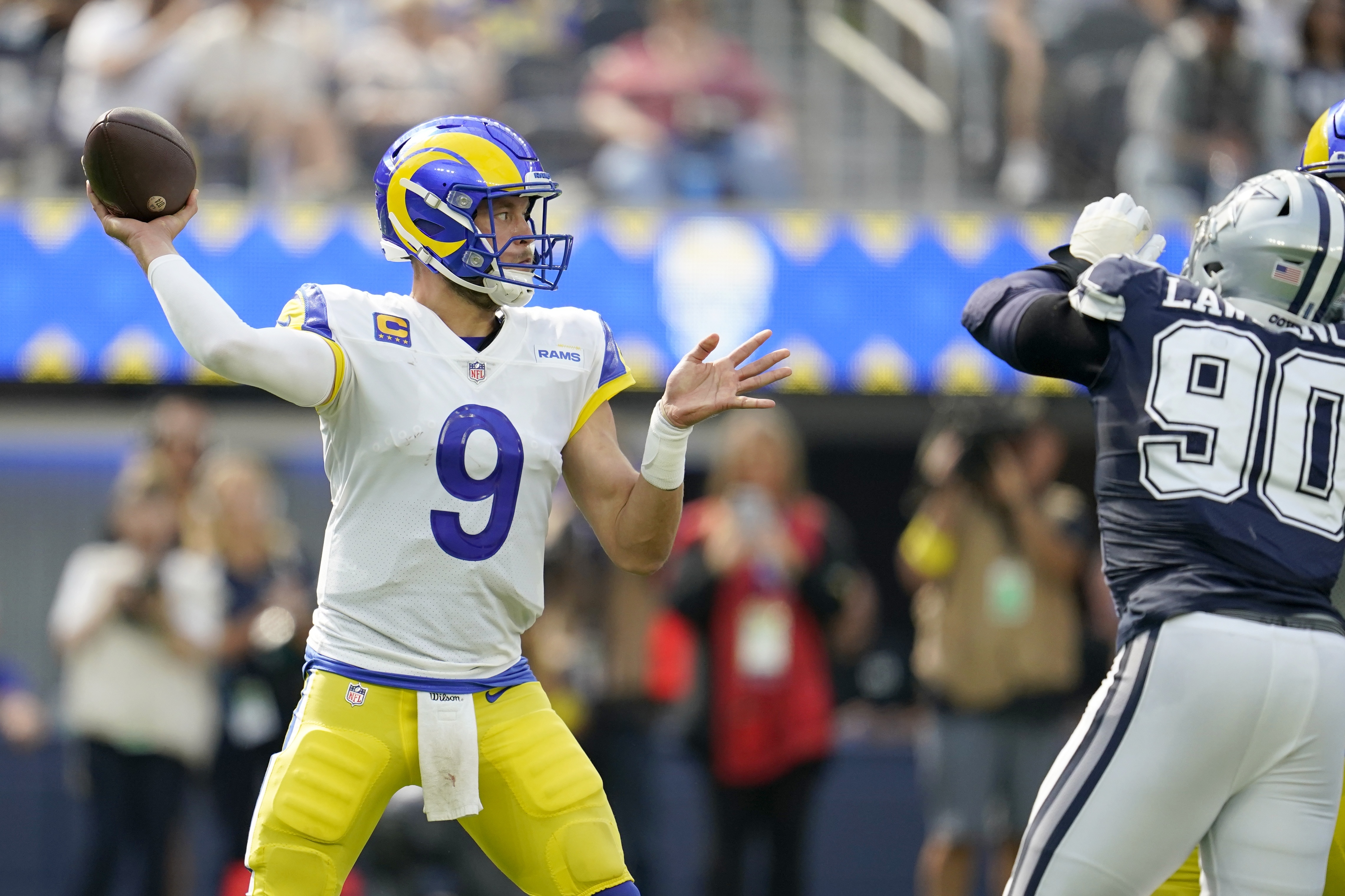 Dallas Cowboys safety Malik Hooker (28) intercepts a Los Angeles Rams'  Matthew Stafford pass late in the second half of an NFL football game,  Sunday, Oct. 9, 2022, in Inglewood, Calif. (AP