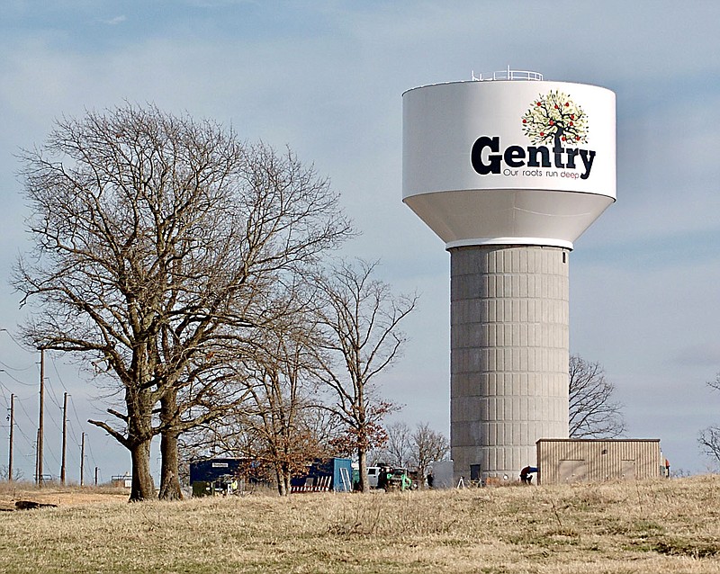 Westside Eagle Observer file photo/RANDY MOLL
Gentry's new water tower on Y-City Road while under construction.