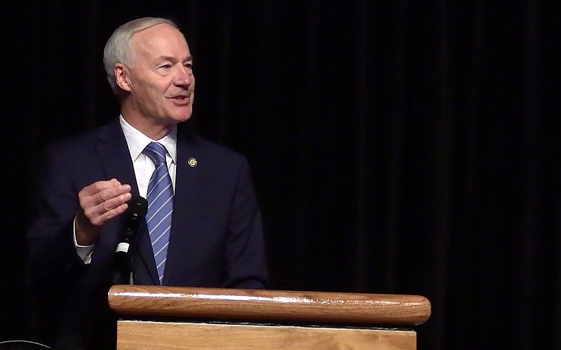 Arkansas Governor Asa Hutchinson delivers the keynote address Tuesday at the annual Arkansas Community College Academic All-Star Awards luncheon at the Hot Springs Convention Center. - Photo by Lance Porter of The Sentinel-Record