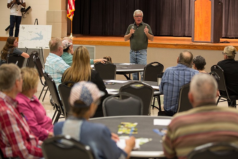 Jim Thompson, chairman of North East Texas Regional Water Planning Group, speaks to a crowd about the proposed Marvin Nichols Reservoir and the potentially negative impact the project could have on the region during a community engagement event Monday, Oct. 10, 2022, in Mount Pleasant, Texas. (Photo courtesy of Ted Albracht)