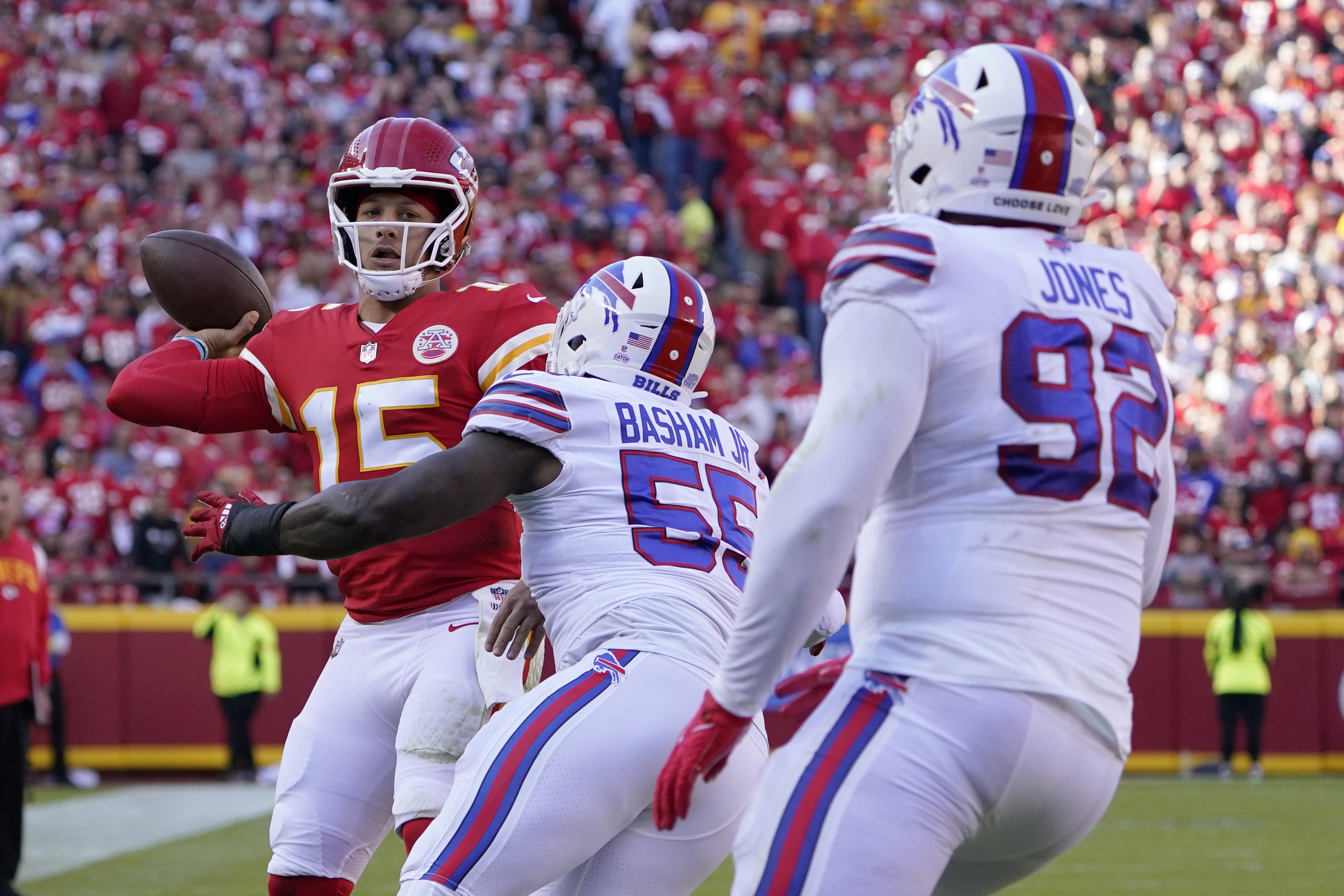 Buffalo Bills defensive tackle DaQuan Jones (92) reacts during the second  half of an NFL football