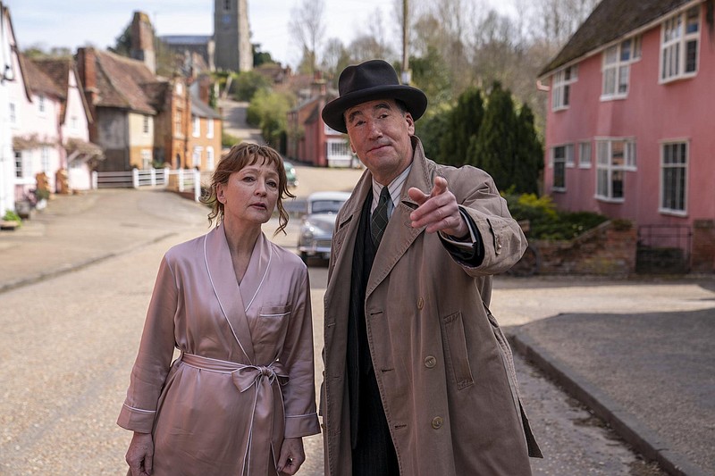 Lesley Manville (from left) as Susan Ryeland and Timothy McMullan as Atticus Pund star in “Magpie Murders,” a delightful British murder mystery now streaming and showing on PBS. (Eleventh Hour Films/Sony Pictures Television/TNS/Nick Wall)