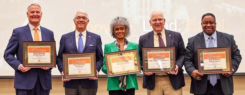 Pictured, from left, at the Texarkana ISD Distinguished Alumni event on Friday, Oct. 14, 2022: Dr. Matt Young MD, Scott Rozzell, June Williams-Davis, Chief Justice Josh R. Morriss III and Curtis D. Ferguson. (Submitted photo)