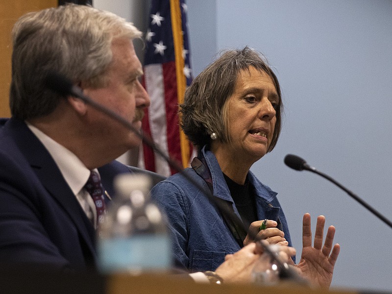 Challenger Carla Steck, right, answers a question as incumbent Sam Bushman listens on Wednesday, October 19, 2022, during a forum for Cole County presiding commissioner candidates at City Hall in Jefferson City, Mo. (Kate Cassady/News Tribune photo)