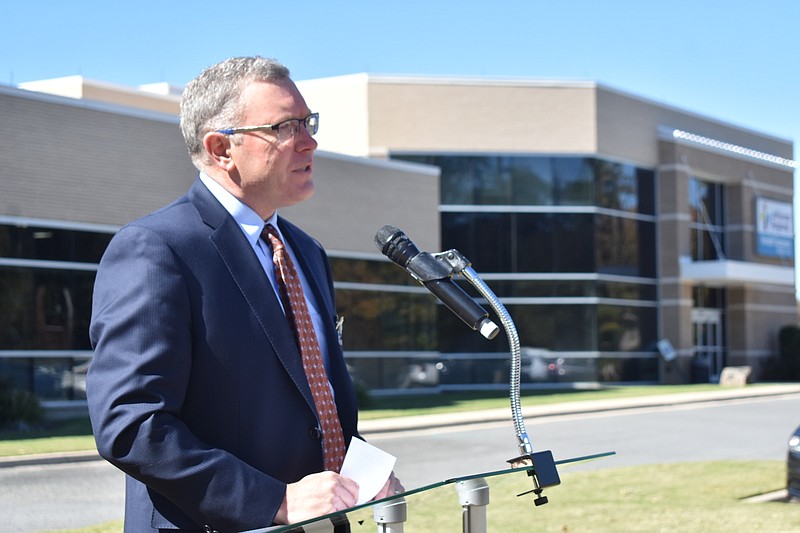 Jefferson Regional President and CEO Brian Thomas makes remarks during the groundbreaking ceremony for the White Hall specialty hospital Wednesday near the Jefferson Regional Wellness Center. (Pine Bluff Commercial/I.C. Murrell)