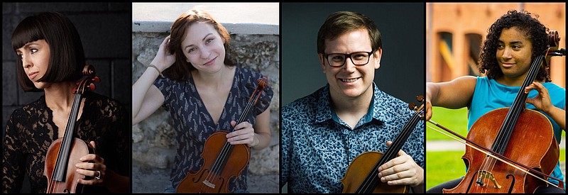 The Quapaw Quartet — (from left) Meredith Maddox Hicks and Charlotte Crosmer, violins; Timothy MacDuff, viola; and Chava Appiah, cello — will play Jean Sibelius’ “String Quartet” Tuesday at the Clinton Presidential Center in Little Rock. (Special to the Democrat-Gazette)