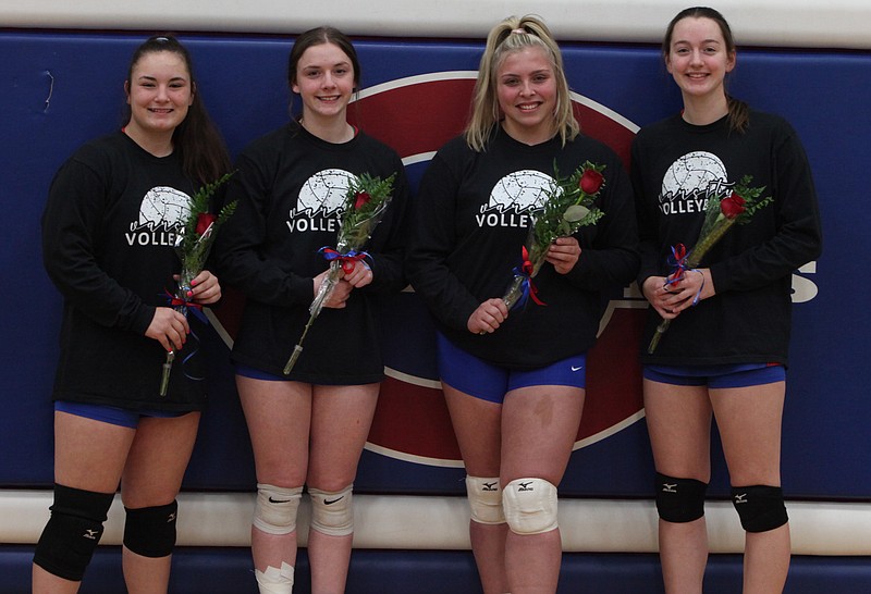 The California Lady Pintos volleyball seniors from left to right: Emma Braby, Emma Whitson, Abby Trachsel, and Lauren Friedrich. (Democrat photo/Evan Holmes)