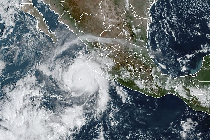 This satellite image taken at 15:30 UTC and provided by NOAA shows Hurricane Roslyn approaching the Pacific coast of Mexico, Saturday, Oct. 22, 2022. Roslyn grew to Category 4 force on Saturday as it headed for a collision with Mexico’s Pacific coast, likely north of the resort of Puerto Vallarta. (NOAA via AP)