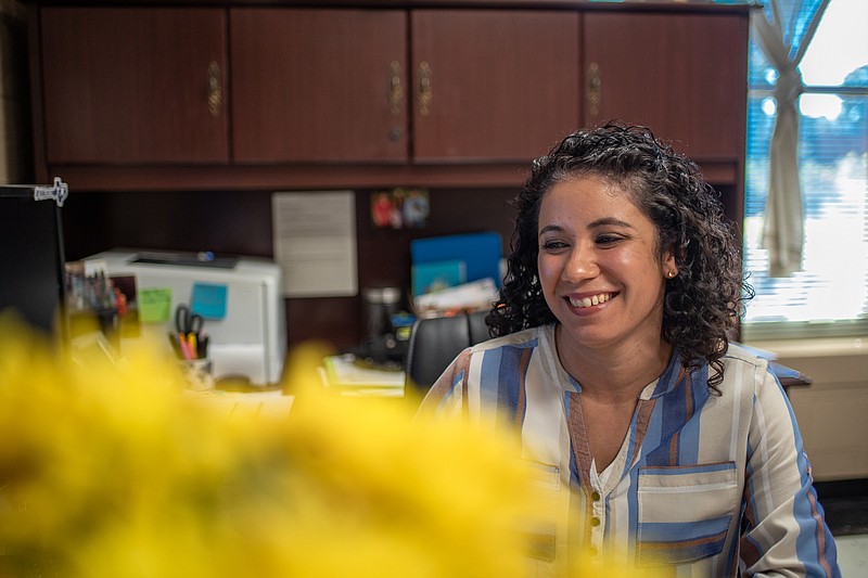 Westlawn Elementary Principal Elodia Witterstaetter sits at her desk Thursday, Oct. 20, 2022, in Texarkana, Texas.  Witterstaetter is a lifelong learner and uses her role to support other people in their journey to achieve personal goals. (Staff photo by Erin DeBlanc)