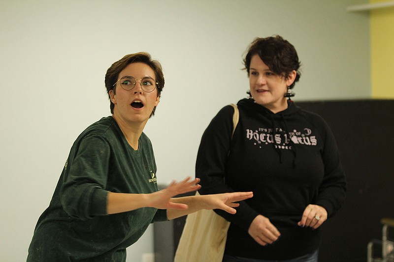 Gracen Gaskins/News Tribune photo: 
Natalie Gladbach, left, and Erin Schoonover rehearse the play "Two Stars" written by Stephanie Gladbach. The piece is part of Scene One Theatre's "Tales from the Rough Writers."