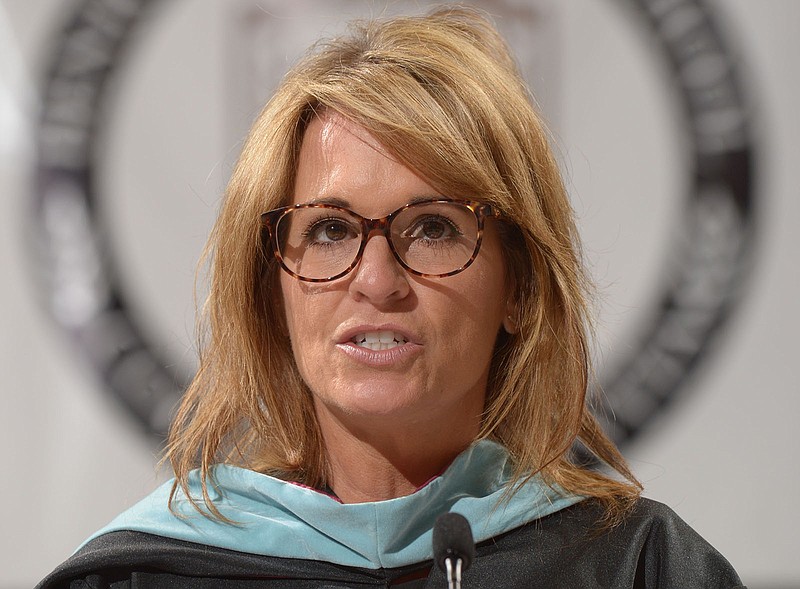Bentonville superintendent Debbie Jones speaks May 19, 2018, during commencement exercises for Bentonville High School. Late Tuesday, the Bentonville School Board voted to extend Jones' contract for another year.
(File Photo/NWA Democrat-Gazette)