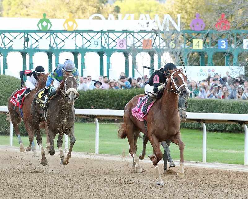 Cyberknife, under jockey Florent Geroux, cruises to a 2 3/4-length victory in the $1.25 million Grade 1 Arkansas Derby on April 2. The 3-year-old chestnut colt was one of eight horses pre-registered for Saturday’s $6 million Breeders’ Cup Classic at Keeneland Race Course in Kentucky. Photo courtesy of Coady Photography. - Submitted photo