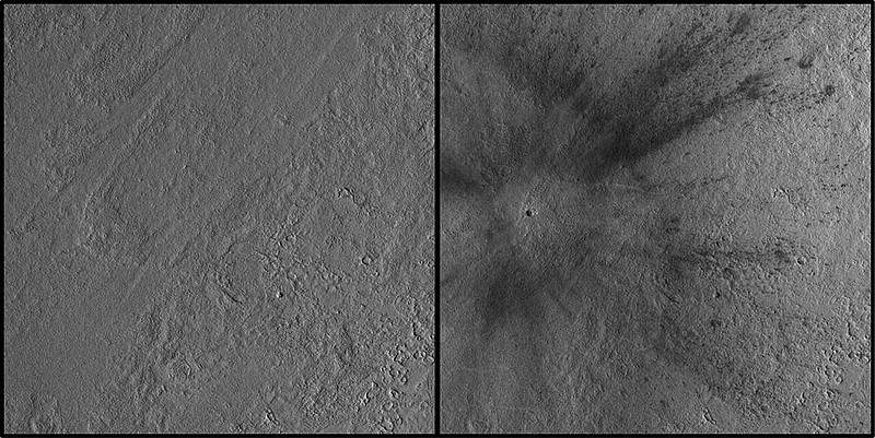 This combination of images made available by NASA on Thursday, Oct. 27, 2022, shows the site on Mars before and after a meteoroid hit the surface of the planet. The impact occurred on Dec. 24, 2021, in a region of Mars called Amazonis Planitia. (NASA/JPL-Caltech/MSSS via AP)