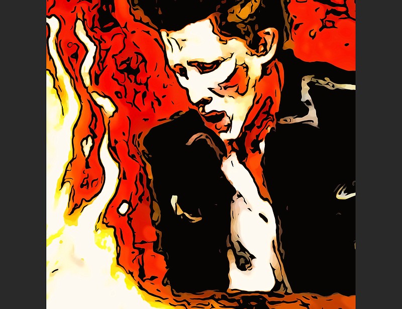 An impressionistic painting of a young Jerry Lee Lewis setting fire to a grand piano. (Illustration by Philip Martin)