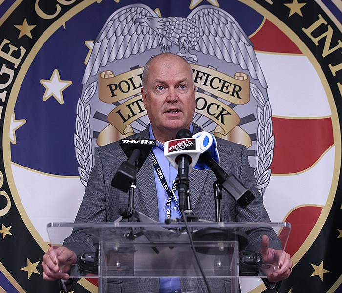 Little Rock Interim Police Chief Wayne Bewley speaks to the media during a press conference addressing the city's homicide rate at the new LRPD headquarters Monday, Oct. 31, 2022. (Arkansas Democrat-Gazette/Colin Murphey)