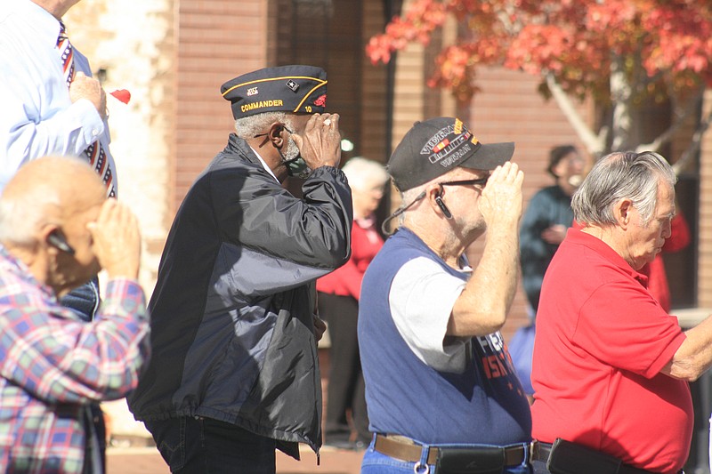 Local veterans salute during a 2021 Veterans Day program. This year's Veterans Day observance is set for Friday, Nov. 11, at the Union County Courthouse starting at 11 a.m. (News-Times file)