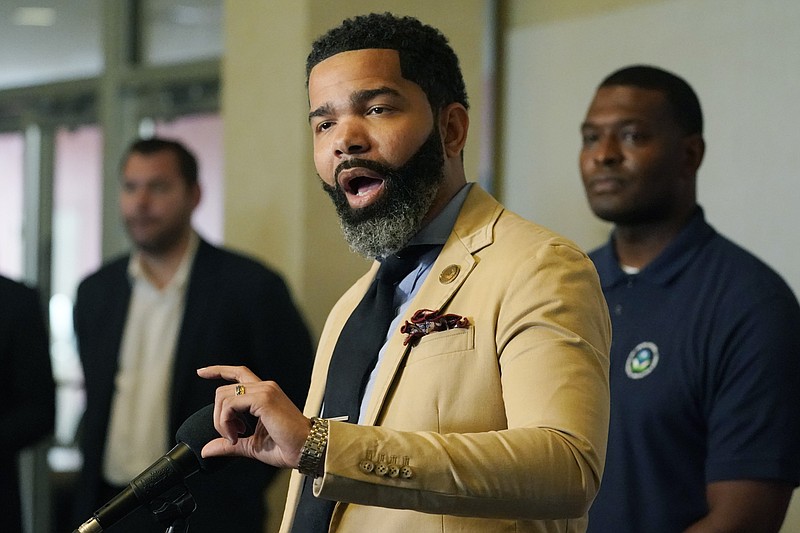 FIE - Jackson Mayor Chokwe Antar Lumumba discusses elements of a coordinated response with federal agencies that he believes will help deal with the city's long-standing water problems, during a news briefing, Sept. 7, 2022, in Jackson, Miss. The beleaguered water system in Mississippi's capital city disrupted daily life for 150,000 residents for several days, but Jackson's water is now safe to drink according to the Environmental Protection Agency on Monday, Oct. 31, 2022. (AP Photo/Rogelio V. Solis, File)