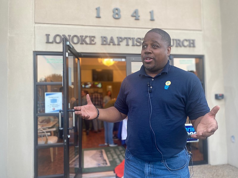 Chris Jones, Democratic nominee for Arkansas governor, speaks with the media Wednesday evening, Nov. 2, 2022, at Lonoke Baptist Church in Texarkana, Ark. Jones canvassed and spoke before a crowd of supporters and campaign volunteers during a voter rally at the church. Election Day is Tuesday, Nov. 8. (Staff photo by Andrew Bell)