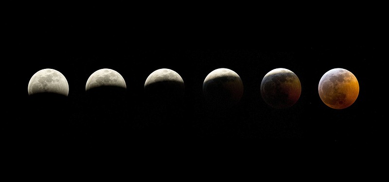 Photo by BEN GOFF 
A composite photo shows the progression of the lunar eclipse Sunday, Jan. 20, 2019, as seen from Rogers.
