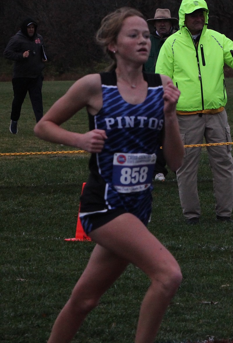 Sophomore Kenzleigh Goans comes down the home stretch and wins 8th place at the Class 3 Cross Country State Championships. (Democrat photo/Evan Holmes)