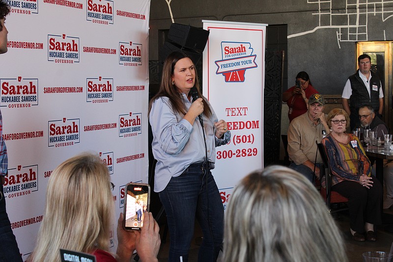 Sarah Huckabee Sanders speaks at a campaign event in El Dorado on Oct. 26, 2022. The daughter of former governor Mike Huckabee has been declared the winner in the race for governor of Arkansas. She faced Democratic opponent Chris Jones. (News-Times file)