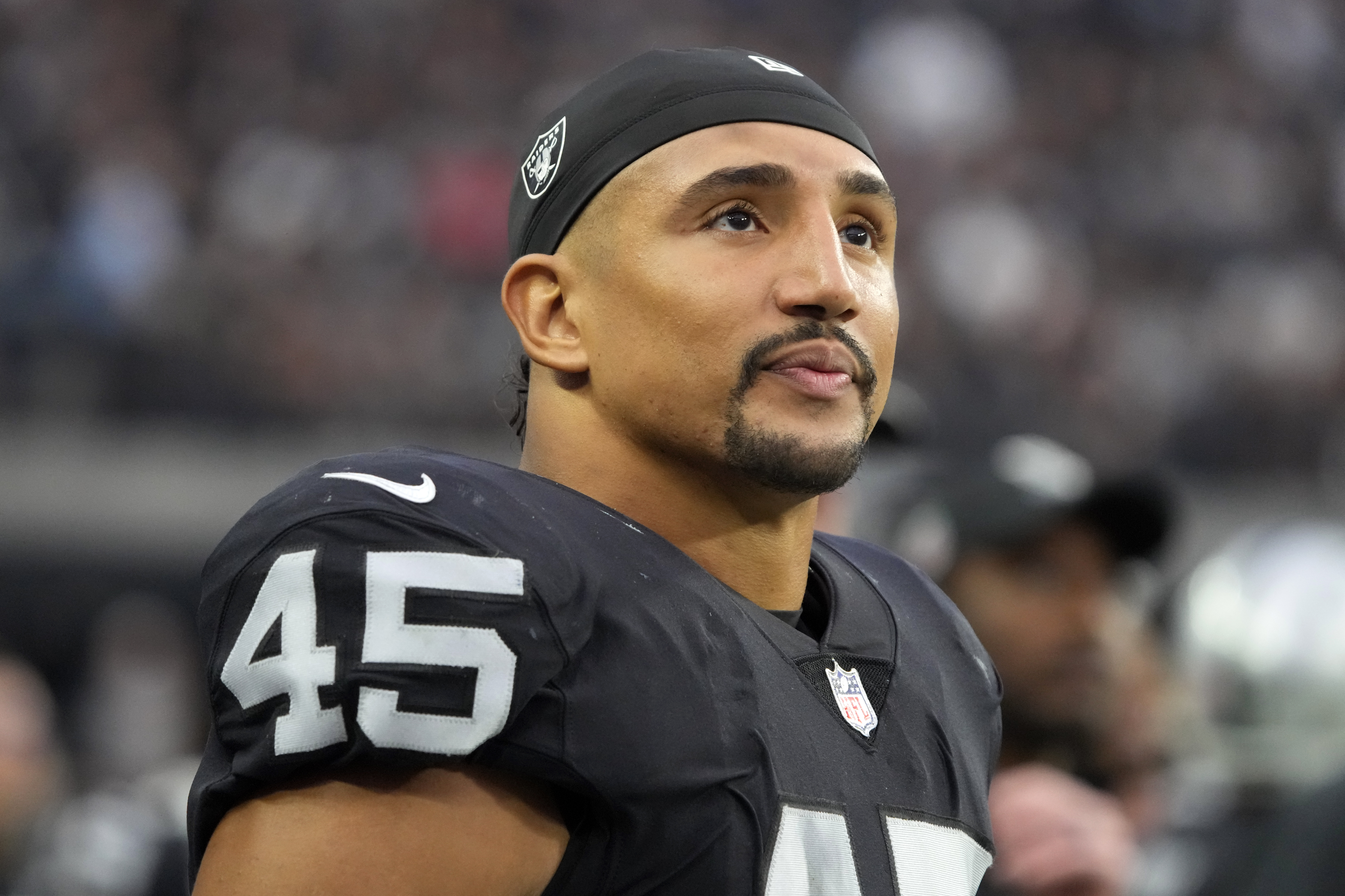 Las Vegas Raiders fullback Jakob Johnson (45) leaves the field against the  Indianapolis Colts during the