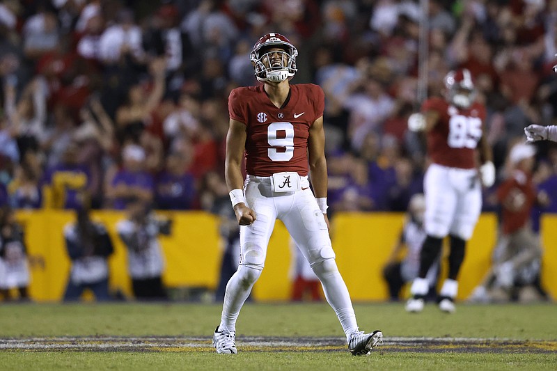 Alabama quarterback Bryce Young (9) celebrates after throwing a pass for a touchdown during the second half against LSU in Baton Rouge, La., Saturday. LSU won 32-31 in overtime. - Photo by Tyler Kaufman of The Associated Press