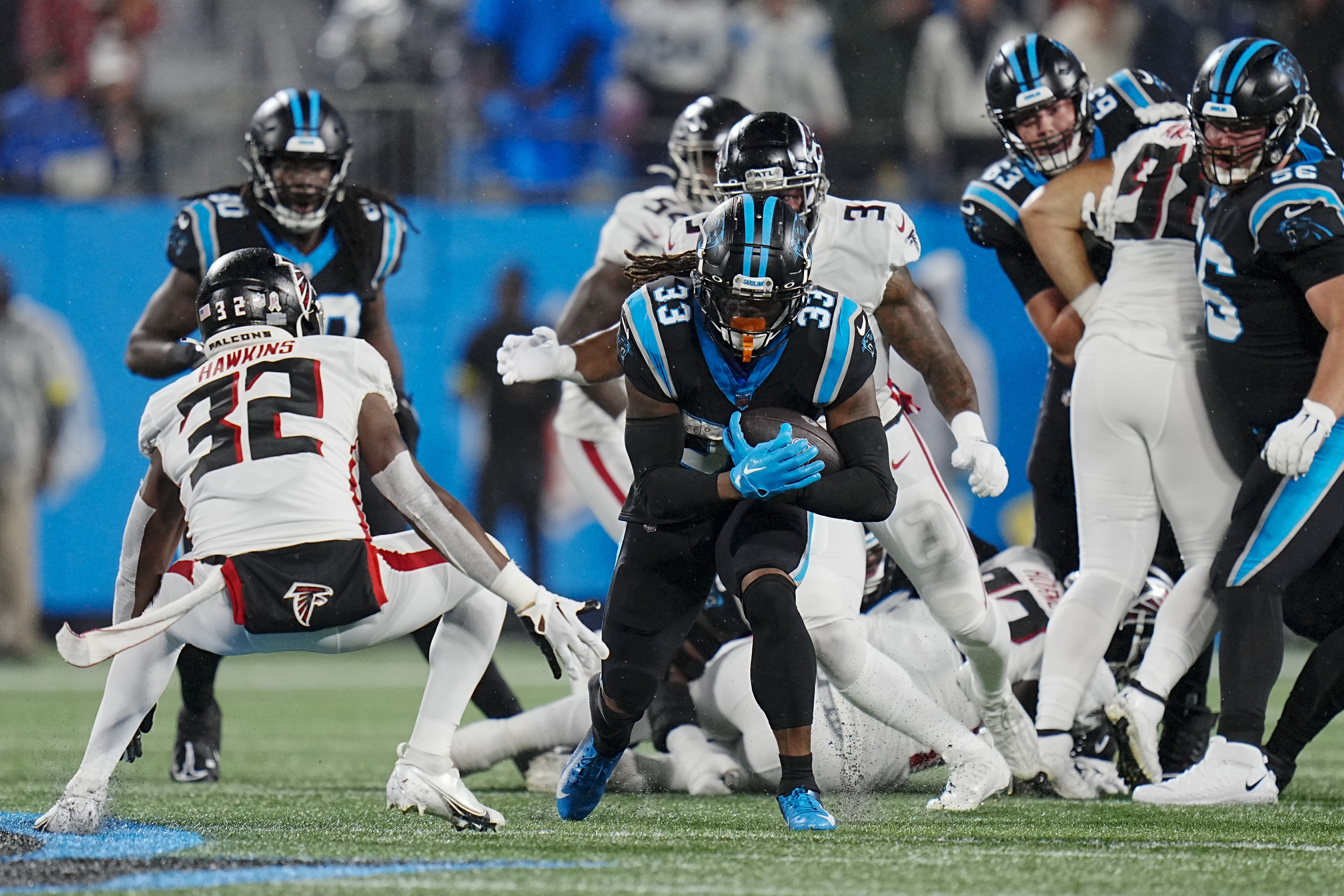 Carolina Panthers wide receiver Laviska Shenault Jr. runs for a touchdown  against the Atlanta Falcons during the first half of an NFL football game  on Thursday, Nov. 10, 2022, in Charlotte, N.C. (