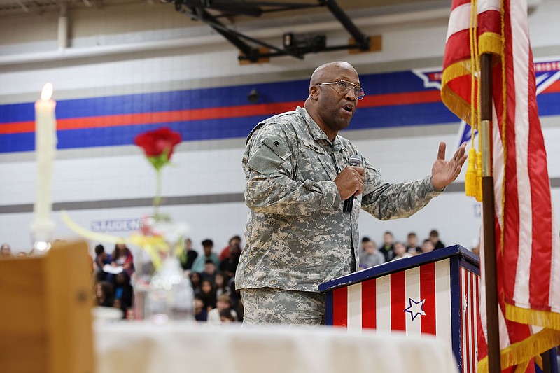 Submitted photo courtesy of Jefferson City School District: 
Eddie Brown, who served in the military and is a Thomas Jefferson Middle School substitute teacher, speaks at the TJMS Veterans Day Assembly Thursday, Nov. 10, 2022.