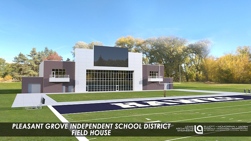 The $7 million field house project at Pleasant Grove High School is seen in this artist's rendering. A Guaranteed Maximum Price was approved on Friday, Nov. 11, 2022, for the field house, which was listed as one of the projects related to the $39.9 million bond voters passed in May. (Submitted illustration)
