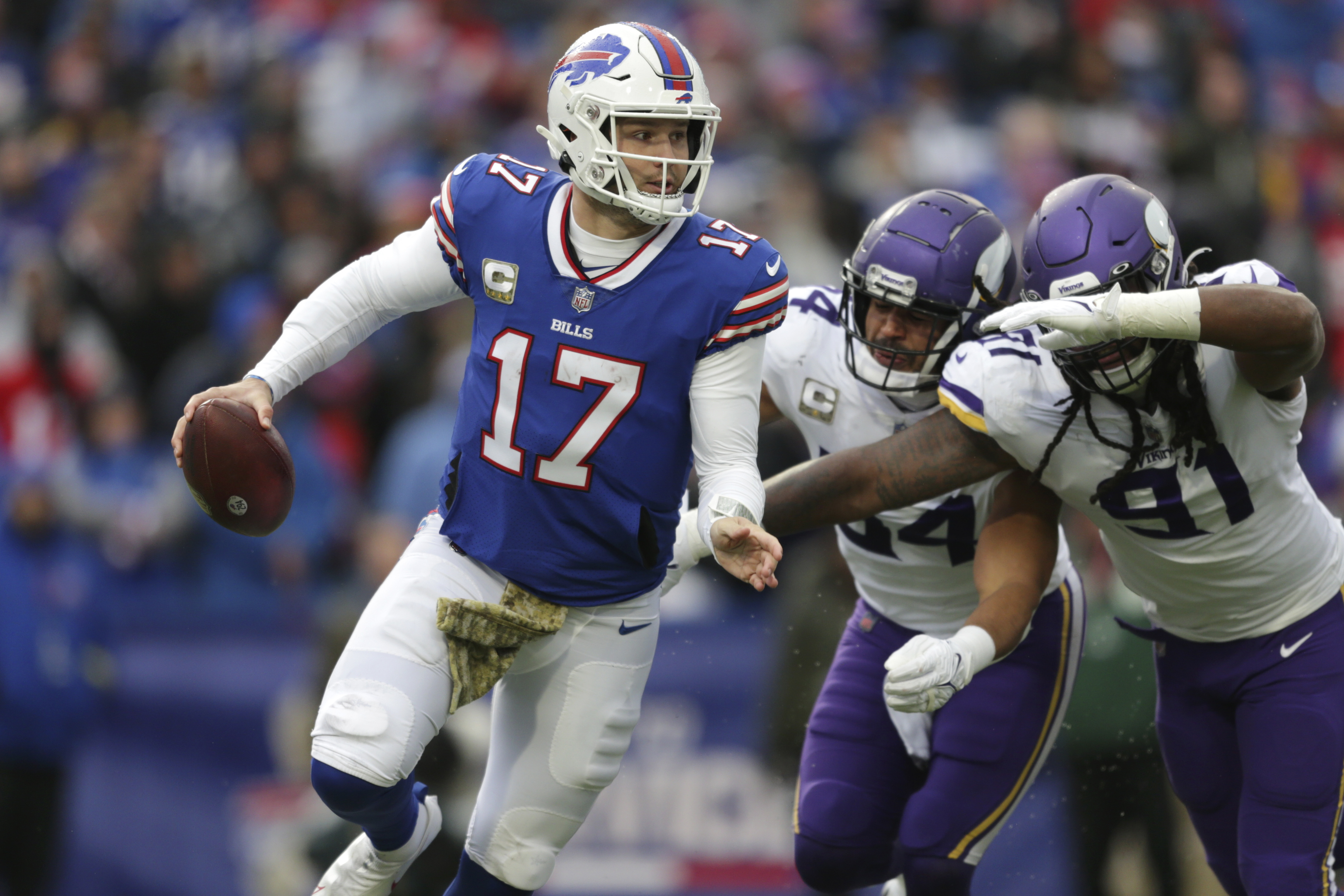 Buffalo Bills quarterback Josh Allen throws a pass during pregame