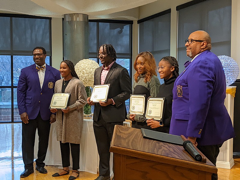 Ryan Pivoney/News Tribune photo:
Four of eight Omega Psi Phi scholarship recipients accept their awards Sunday, Nov. 13, 2022, at the fraternity's Achievement Week program at Lincoln University. Area chapters of the fraternity meet annually to present Mid-Missouri high school seniors with scholarships to extend their educational journey.