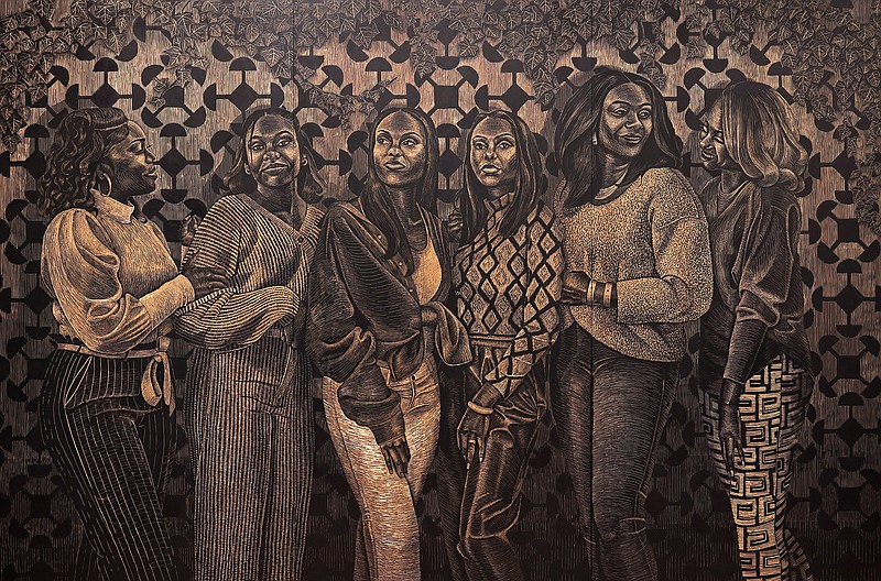 “Genette’s Daughters,” 2022, acrylic on carved wood panel, by LaToya Hobbs (Special to the Democrat-Gazette/LaToya Hobbs, Ariston Jacks)